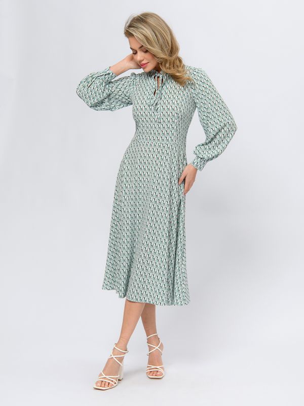 Mint-colored midi dress with print and tie at collar