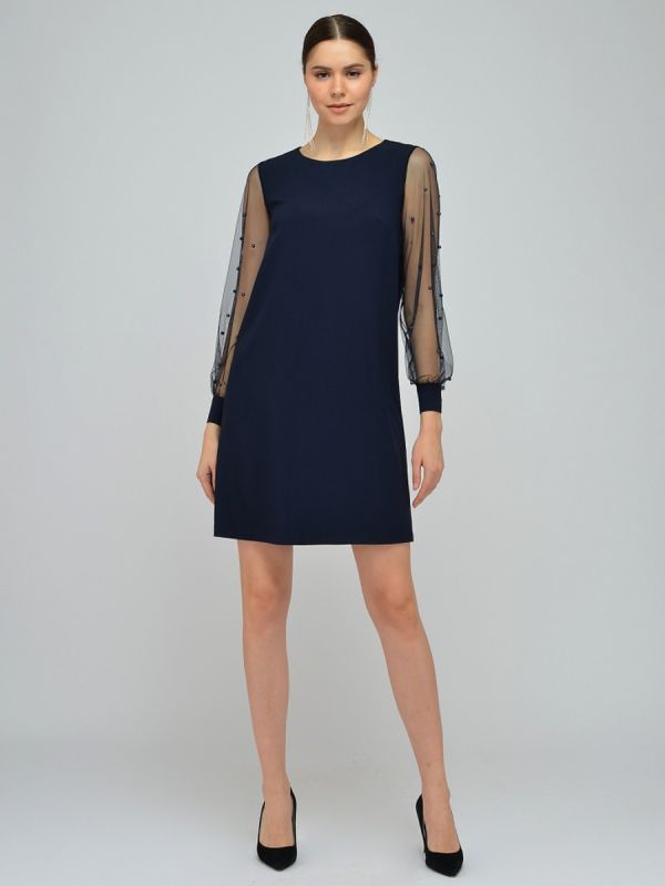 Dark blue mini length dress with beads on sleeves