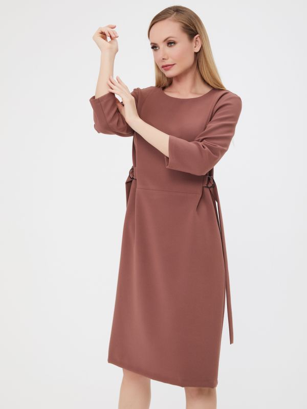 Brown midi length dress with original belt