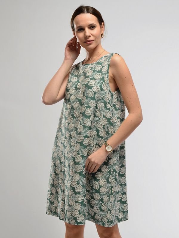 Sleeveless green printed mini length dress