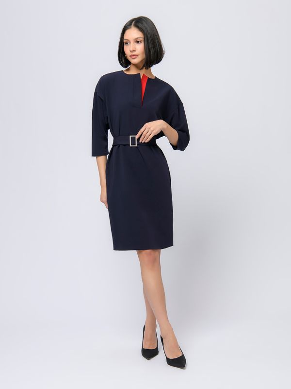 Blue midi length dress with red insert and 3/4 sleeves