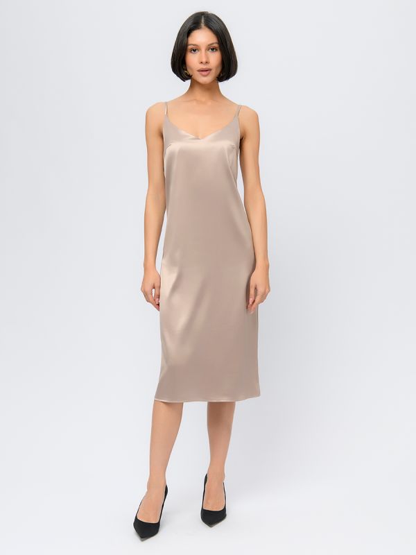 Beige colored strappy midi length dress