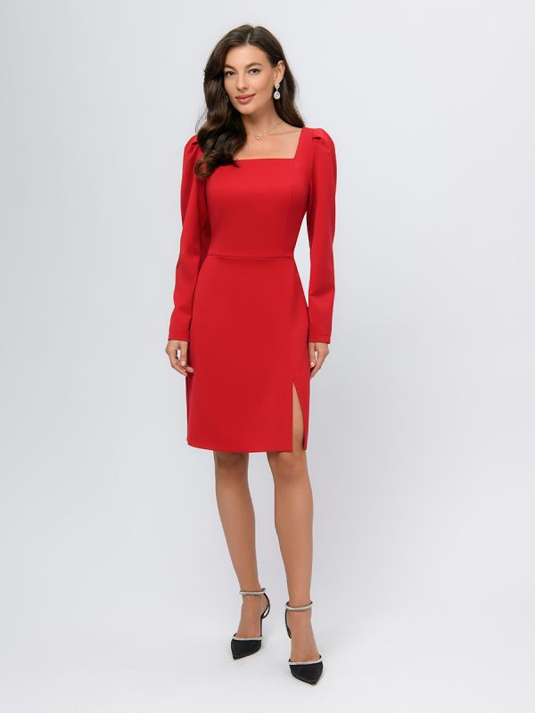 Red colored mini length dress with cowl neckline and slit