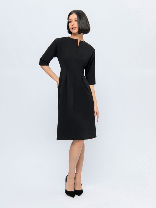 Black midi length dress with waist flaps and 3/4 sleeves