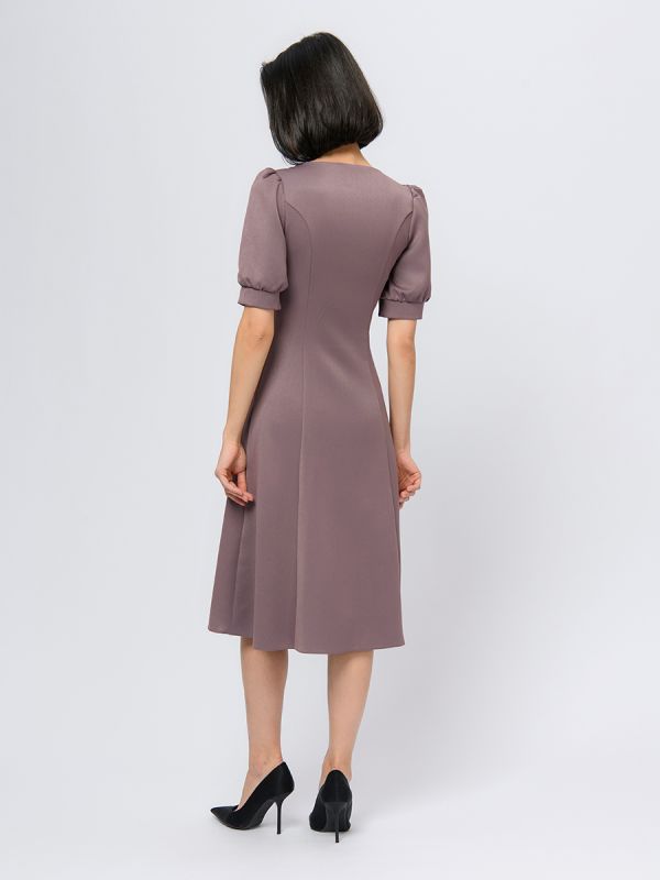 Midi length mocha colored dress with round neckline and short sleeves