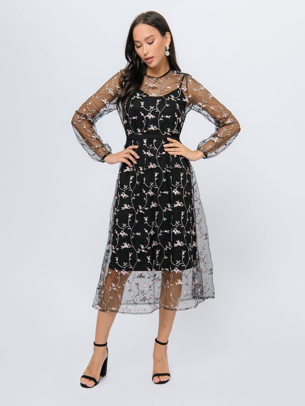 Black color midi length dress with floral embroidery