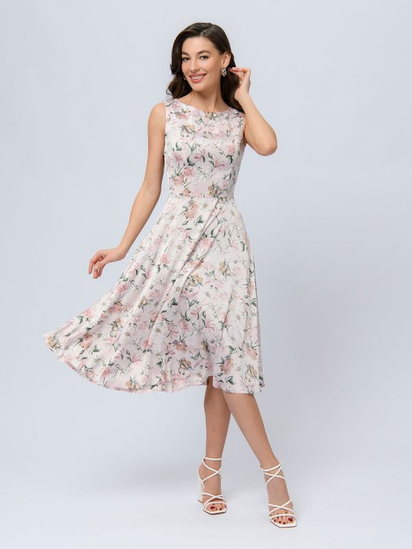 Pink color midi length dress with sleeveless print