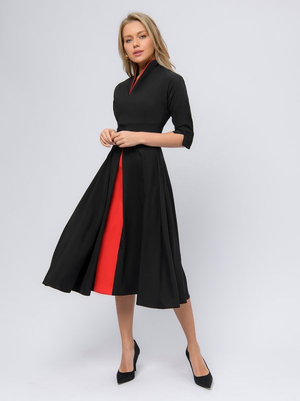 Black colored midi dress with red inset