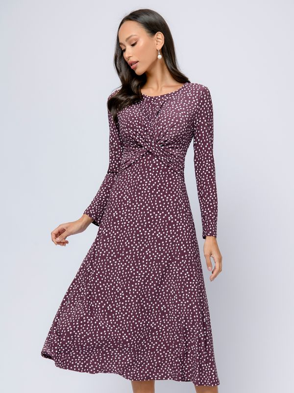 Midi length burgundy print dress with trim on the chest and long sleeves