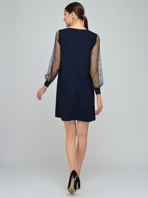 Dark blue mini length dress with beads on sleeves