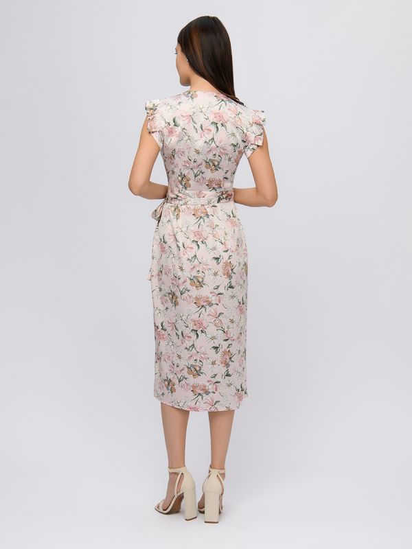 Dusty rose color dress with floral print with flap and flounces on the shoulders