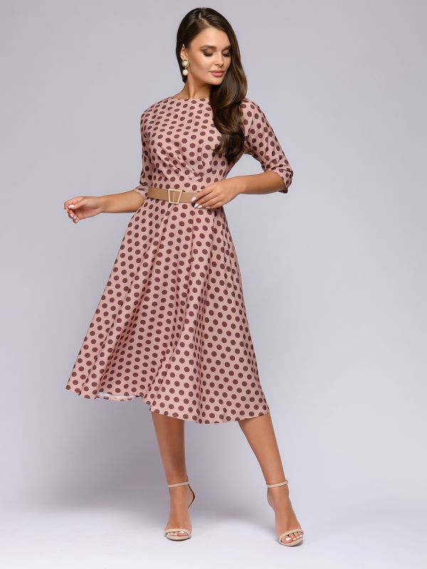 Beige polka dot midi length dress with waist flap