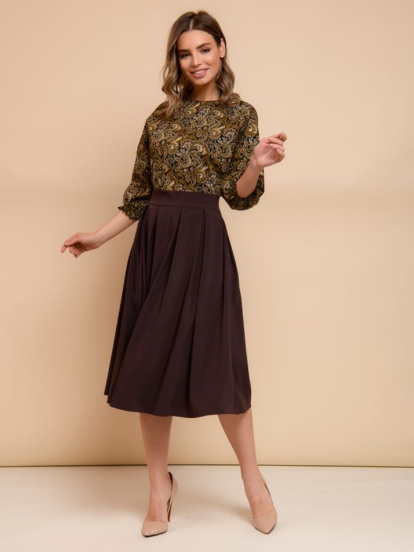 Dark brown midi length dress with printed top and batwing sleeve