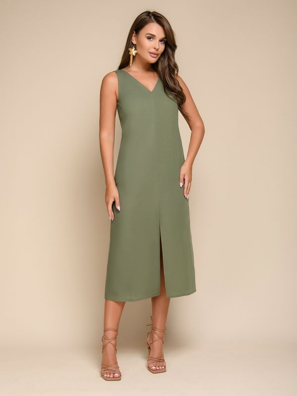 Green dress with sleeveless V-neck and slit