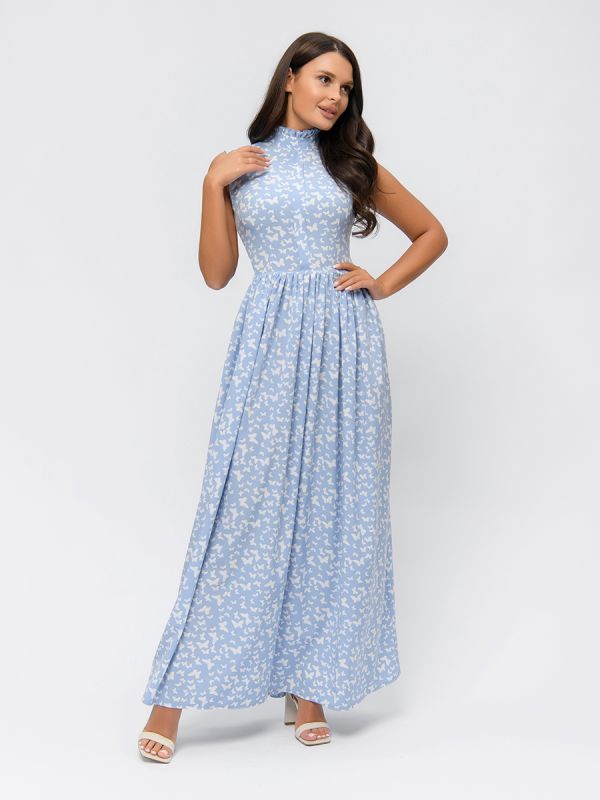 Sleeveless blue print maxi length dress