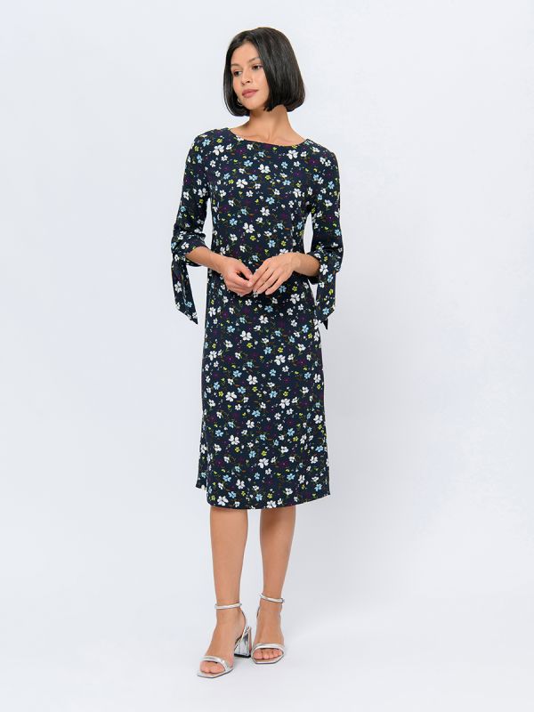 Blue mini length dress with floral print and sleeve ties