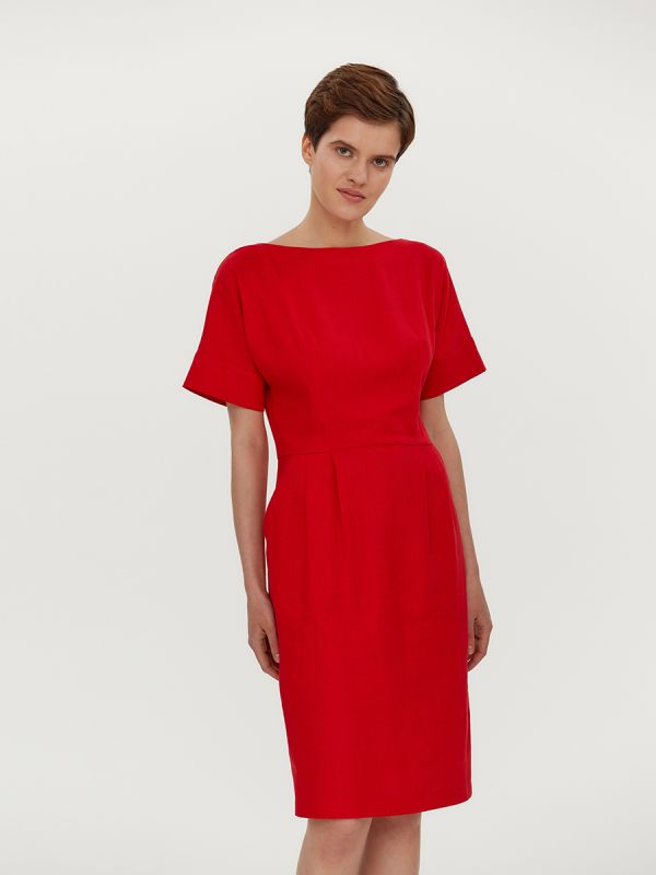 Red mini length dress with short sleeves and pockets