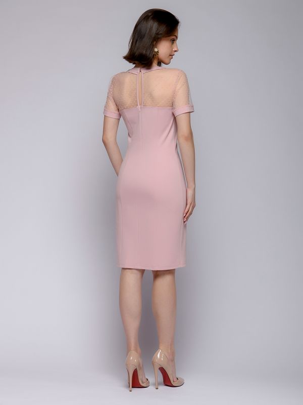 Pink flare dress with tulle trim and short sleeves