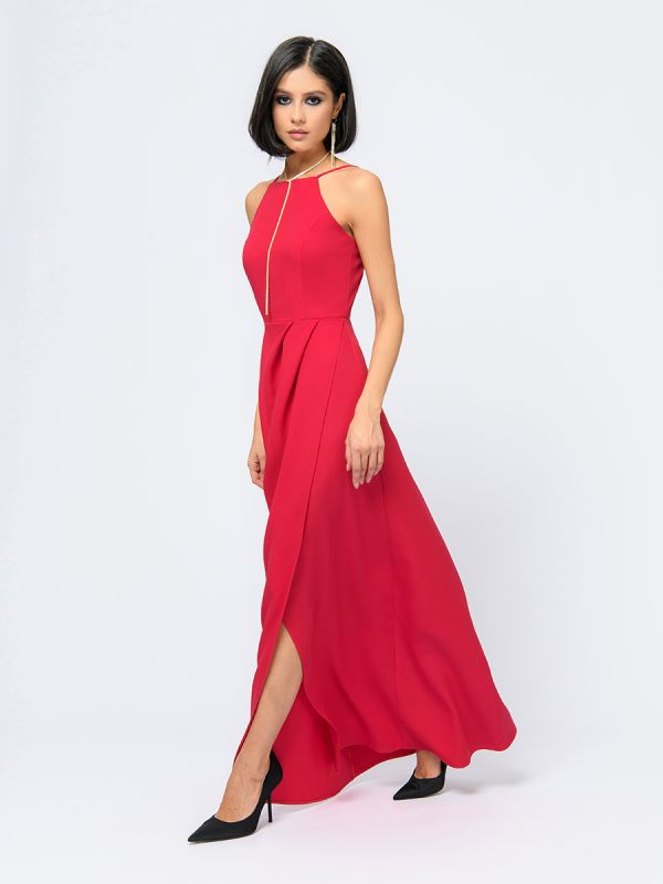 Raspberry maxi length dress with imitation flare and open shoulders