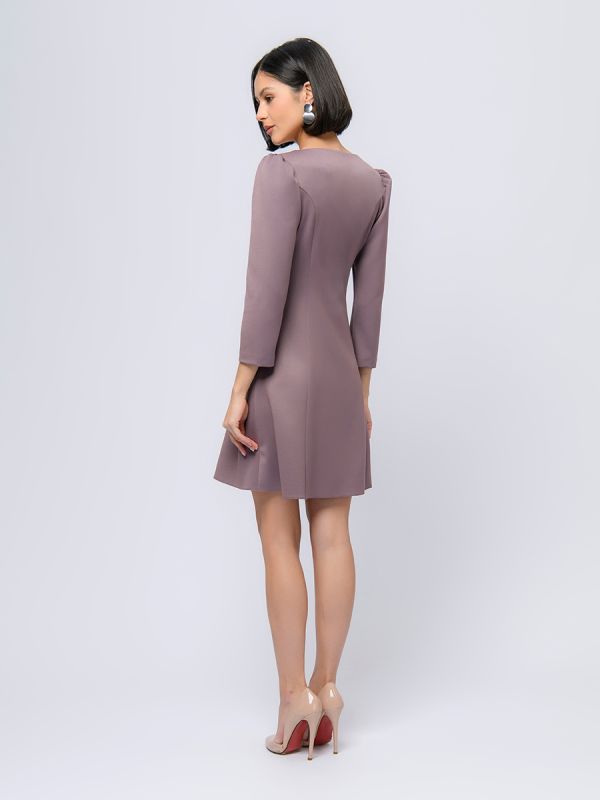 Mini length mocha colored dress with 3/4 sleeves and v-neckline