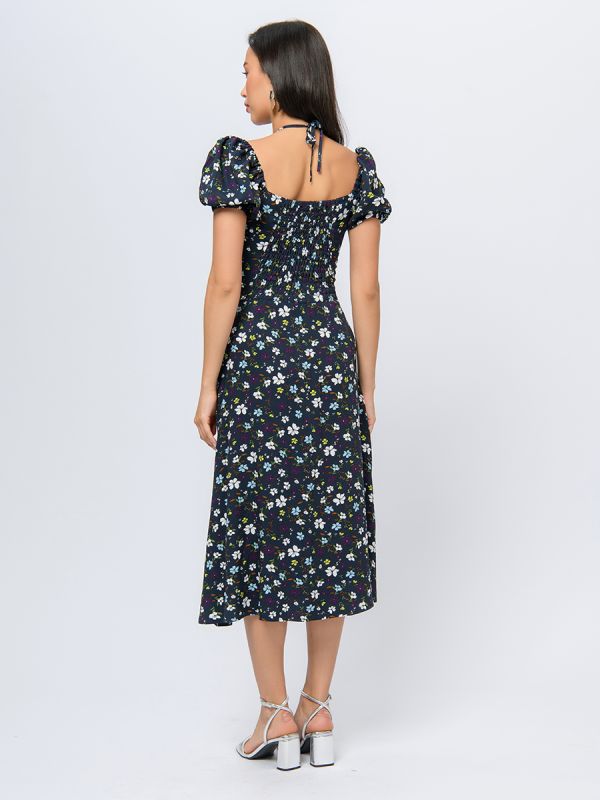 Navy blue print midi length dress with gathered bodice and short sleeves