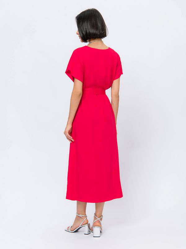 Raspberry colored midi length dress with pockets and short sleeves