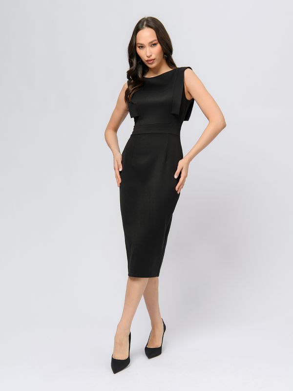 Black colored midi length flare dress with decorative trim