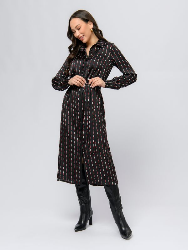 Black color midi length dress with print and long sleeves