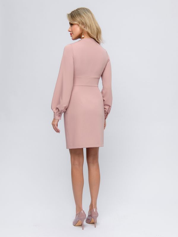 Pink mini length dress with long sleeves and V-neckline