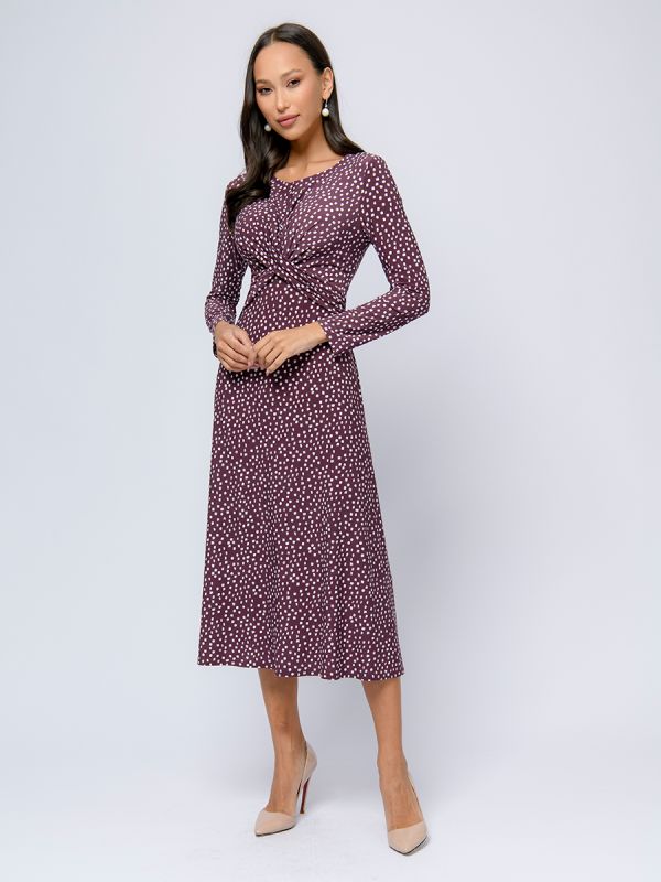 Midi length burgundy print dress with trim on the chest and long sleeves