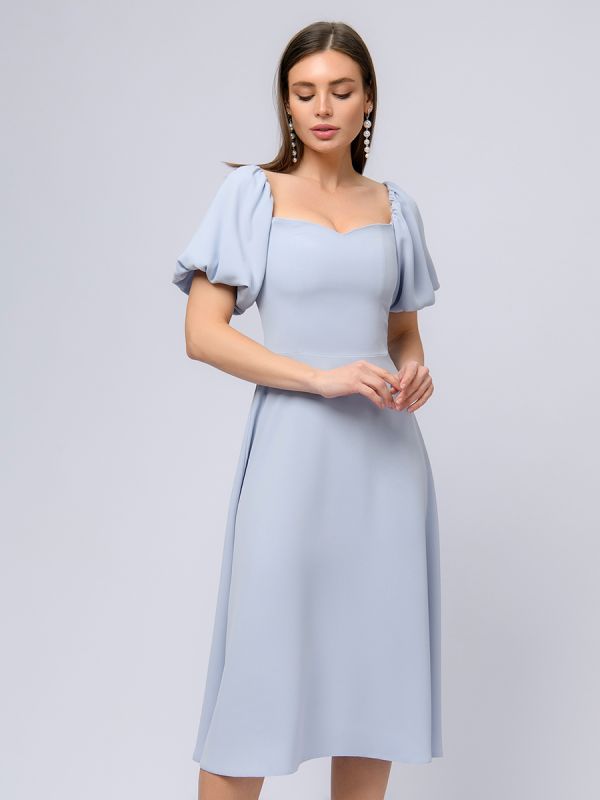 Grey-blue midi length dress with open shoulders