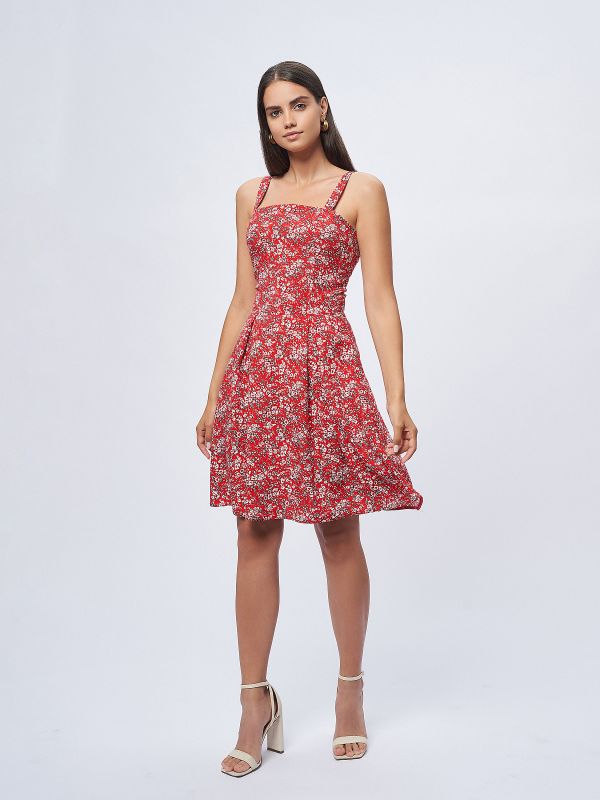 Red floral print strappy dress