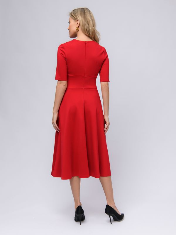 Red midi length dress with deep neckline and 1/2 sleeves