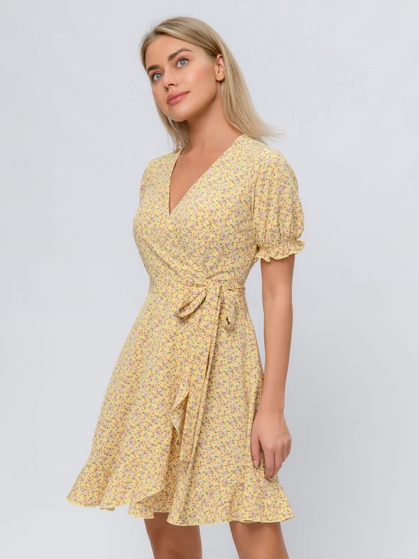 Yellow mini length dress with print and flare