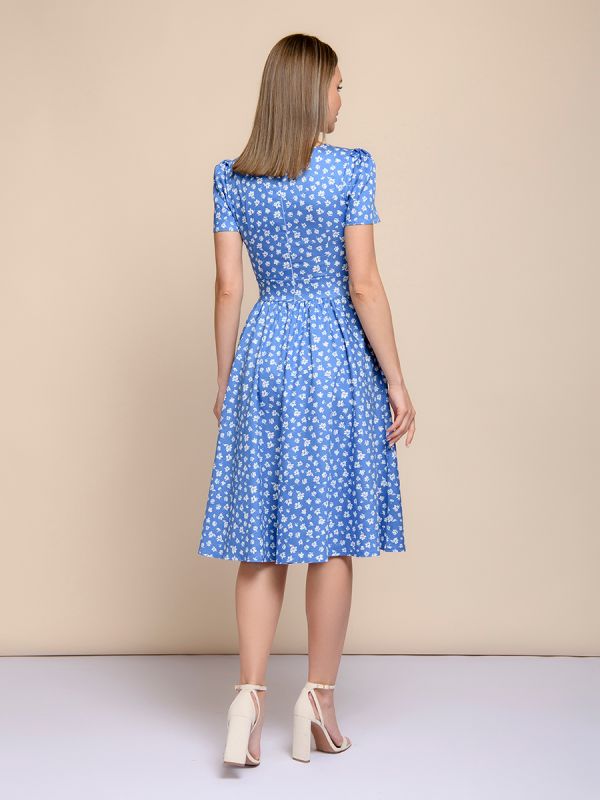 Retro blue floral midi length dress with floral print