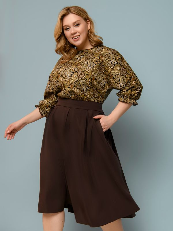 Dark brown midi length dress with printed top and batwing sleeve