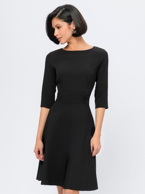 Black dress with 3/4 sleeves and flared skirt