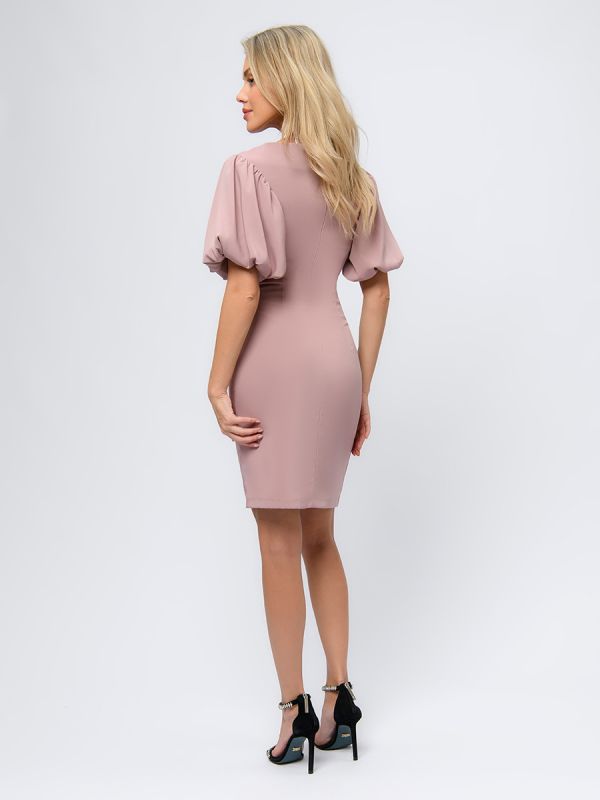 Dusty rose mini length dress with voluminous sleeves and open shoulders