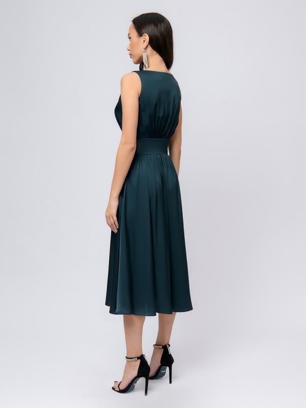 Dark green sleeveless midi length dress