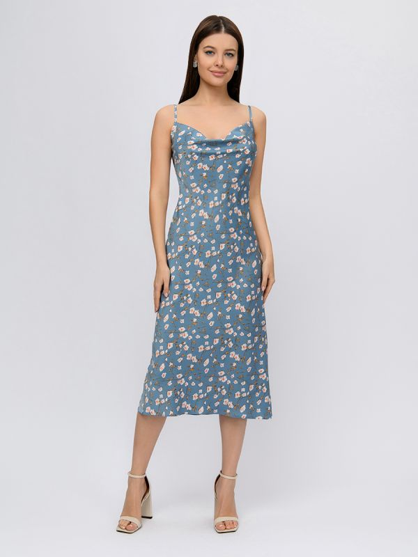 Blue floral print midi length dress with straps