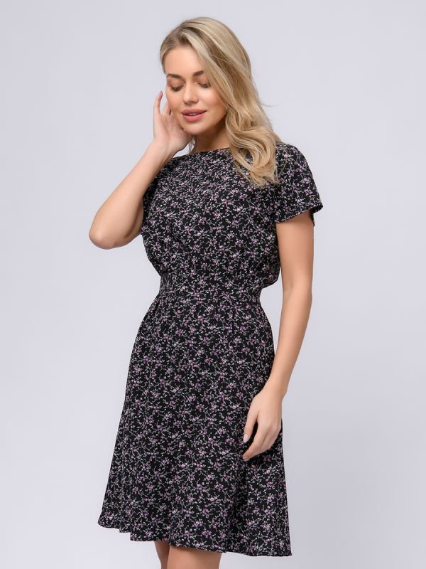 Black color print mini length dress with short sleeves