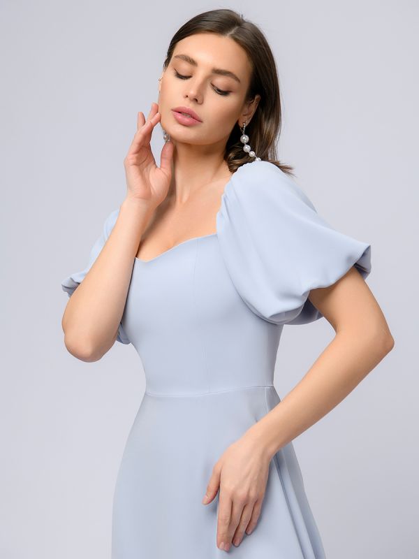 Grey-blue midi length dress with open shoulders