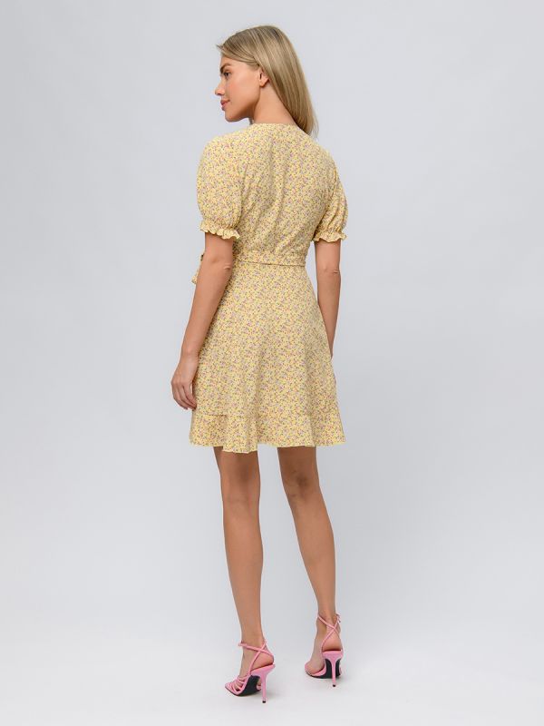 Yellow mini length dress with print and flare