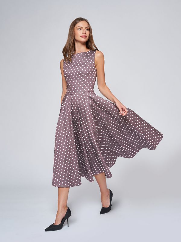 Beige polka dot midi length retro dress