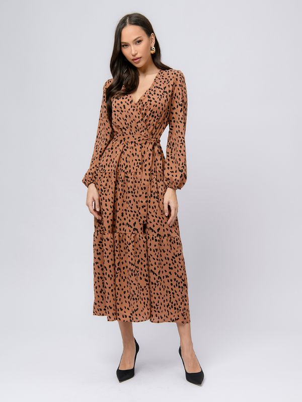 Brown color print midi length dress with flare and long sleeves