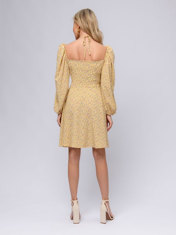 Yellow color print mini length dress with gathering on the bodice