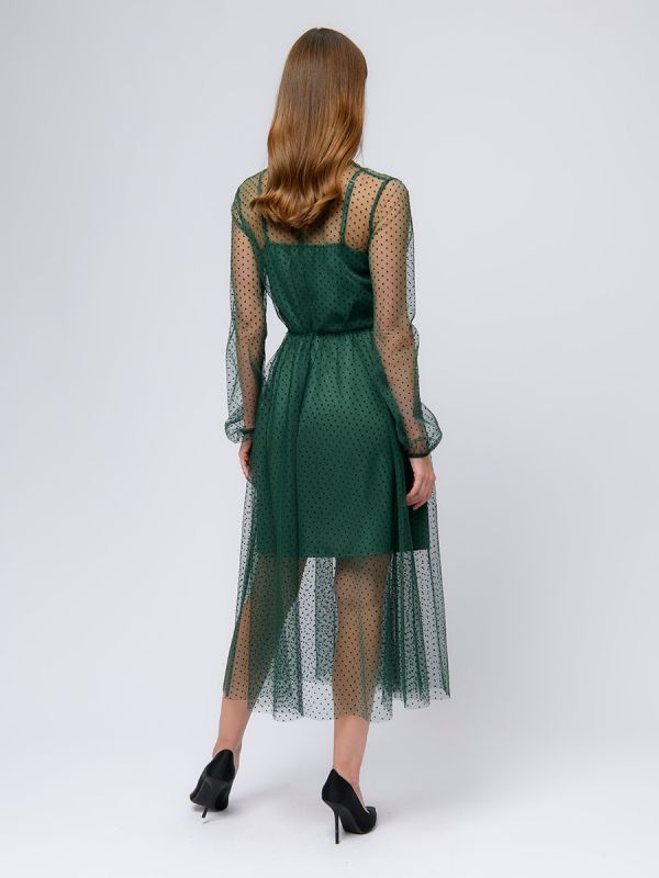 Dark green midi length dress with tulle trim