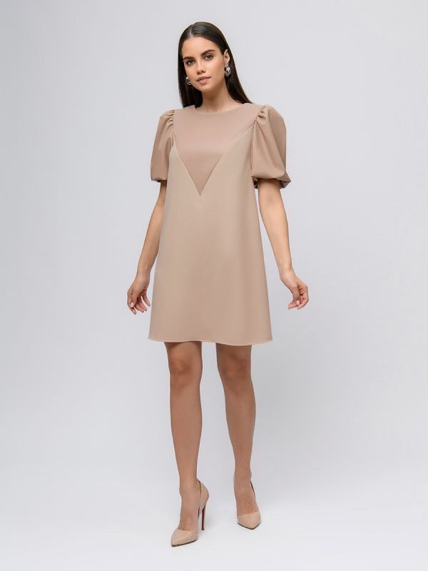 Beige mini length dress with puffed sleeves and leather inset