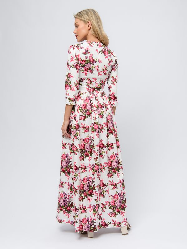 White maxi length dress with floral print and 3/4 sleeves