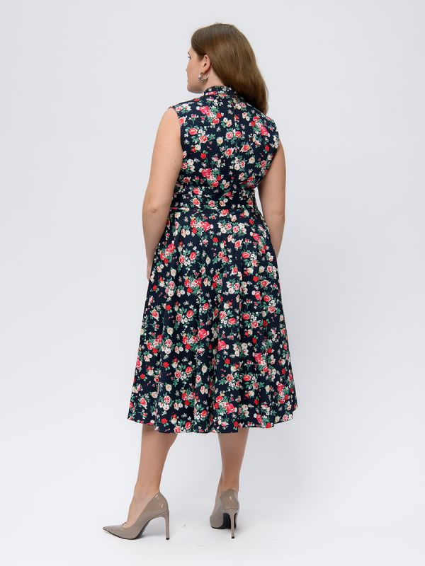 Dark blue floral print midi length sleeveless dress